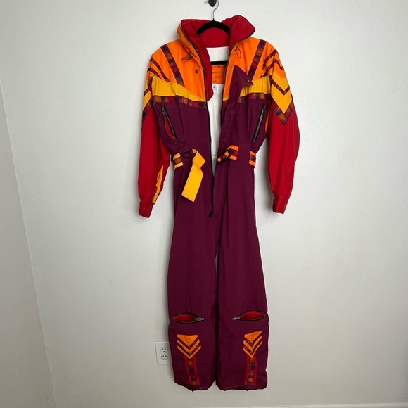 Vintage Custom Ski Suit Colorblock Fulllength Hooded Zipper Pockets Belt Size S - Picture 2 of 13